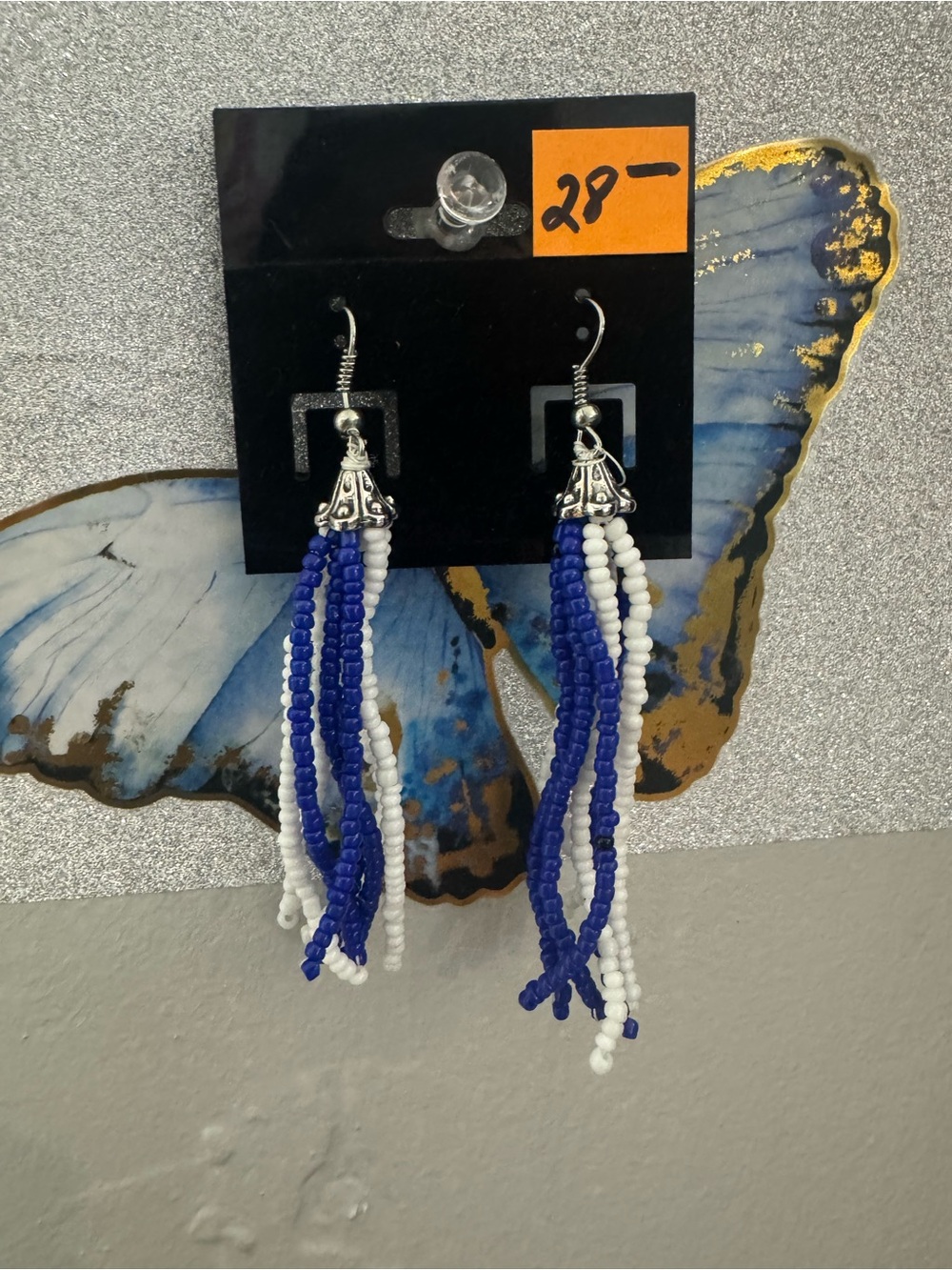 Blue & White Beaded Tassel Dangle Earrings